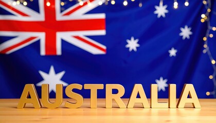 Golden australia letters with australian flag background and festive lights