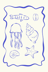 Nautical illustration in retro sketch style on white background. Blue ink rough lines. Fish, seashells, starfish and jellyfish in whimsical frame. Ideal for background, poster, cover, card