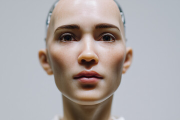 Closeup portrait of a female humanoid AI robot with synthetic skin and neutral expression, futuristic minimalist design, representing digital innovation and neural networks