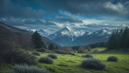 Obraz premium Scenic landscape of mountains with snow, lush green fields, and dense forests under a cloudy sky. Natural beauty and wilderness in a tranquil setting.