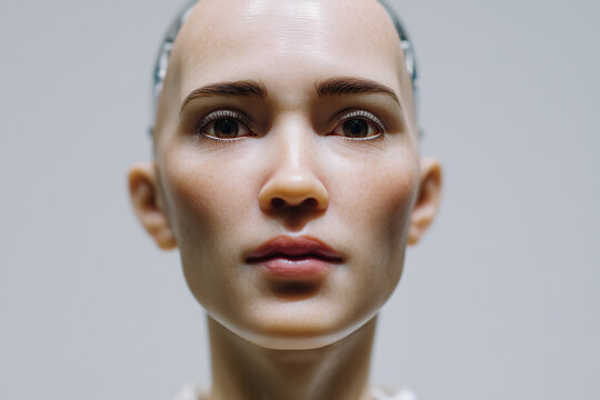 Closeup portrait of a female humanoid AI robot with synthetic skin and neutral expression, futuristic minimalist design, representing digital innovation and neural networks