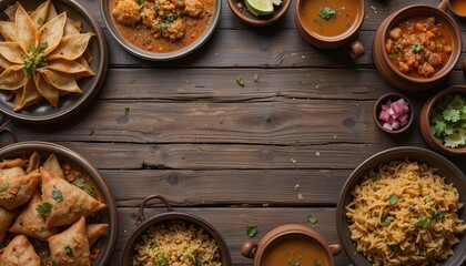 Overhead view of various indian dishes arranged on a rustic wooden table with empty space in the center