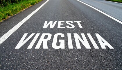 West virginia road text on asphalt highway with green grass