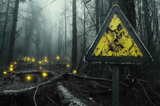 Geheimnisvoller Waldweg mit Warnsignal