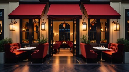 Elegant restaurant entrance at night, red awning, inviting seating	
