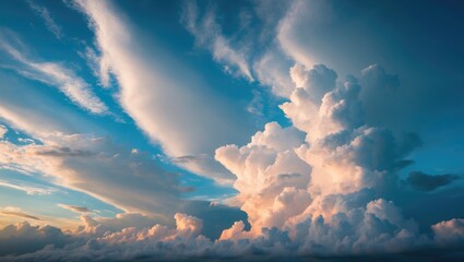 Clouds and sky at sunset. Bright clouds, blue sky, and sunlight. Nature and weather, sky photography. The concept of weather and atmospheric conditions.