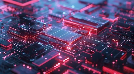 Fototapeta premium Detailed circuit board featuring intricate electronic components and glowing red lights, showcasing modern technology and digital systems