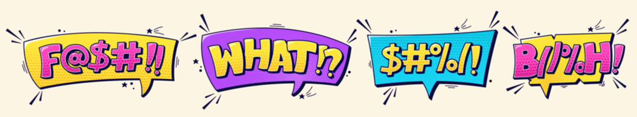 A set of four swear speech bubbles with halftone elements, cute dark details all around.