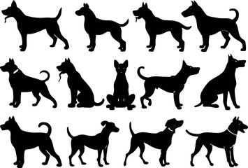vector, isolated black silhouette set of dog, collection.