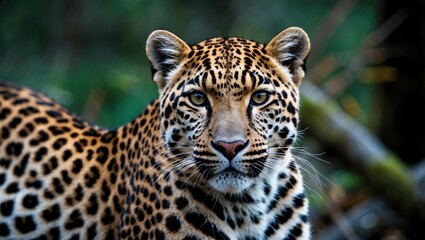 Fototapeta premium Jaguar in the wild with distinctive spotted coat and intense gaze. Wildlife photography, wild animal, jungle ecosystem. The image highlights the beauty of free-ranging big cats.