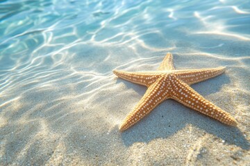 Beautiful starfish on sandy beach with clear water for summer vacation, nature, and travel use cases.