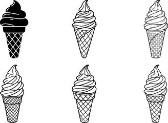Six ice cream cones black and white illustrations