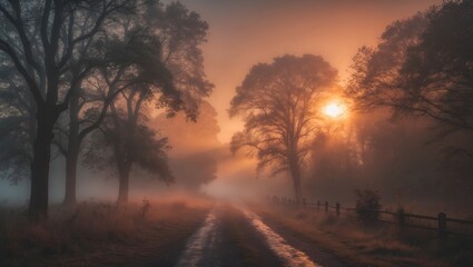 Sunrise through trees along a foggy dirt path in a serene countryside landscape.