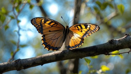 A butterfly perched on a branch with blurred green foliage in the background.