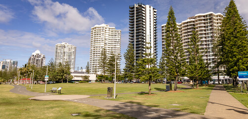 Looking across Queen Elizabeth Park to Marine Parade and the high-rise apartment buildings, Coolangatta, Queensland, Australia.