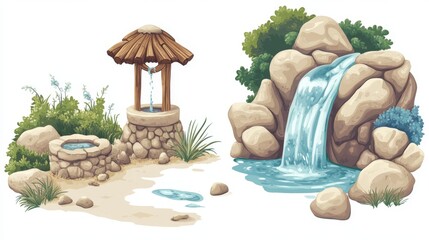 Rustic Watercolor Landscape with Waterfall and Old Stone Well

