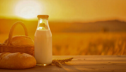 A glass of milk is on a table next to a basket of bread. The scene is set in a field with a beautiful sunset in the background
