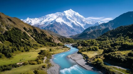 Breathtaking view of majestic mountains and lush trees in nature holiday travel destination vibrant sky