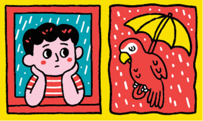 Thoughtful Boy Looking Out Window with Colorful Parrot Illustration