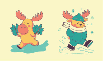 Naklejka premium Cute Cartoon Characters of Moose Enjoying Winter Activities