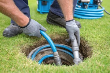 Obraz premium Worker performing maintenance on an underground septic tank using specialized equipment