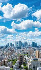 Obraz premium Tokyo city skyline under a bright blue sky with fluffy clouds