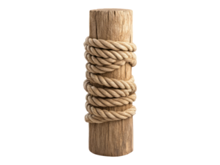 Rustic Wooden Post Wrapped in Twisted Rope on Transparent Background