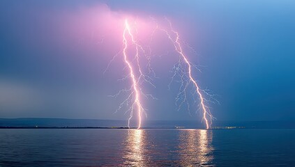 Dramatic Lightning Strikes Over Tranquil Water at Night