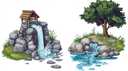 Rustic Watercolor Landscape with Waterfall and Old Stone Well


