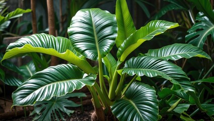 Large green leaves of a tropical plant in a lush indoor garden