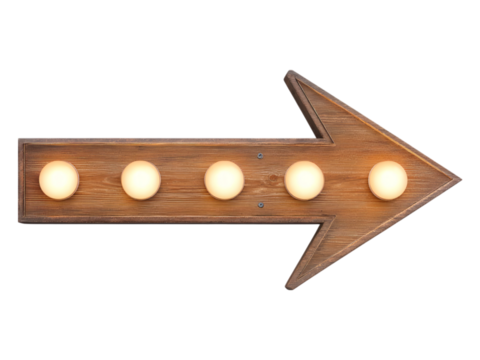 Vintage Arrow Sign with Bulbs on Transparent Background for Design