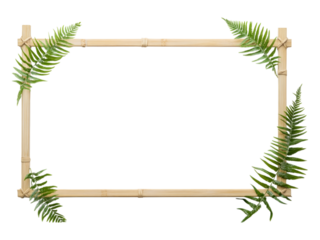 Isolated Bamboo Frame with Green Ferns on Transparent Background