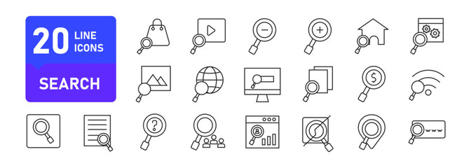 A collection of search icons in line style. Digital marketing, data analysis, management, investigate, find and more
