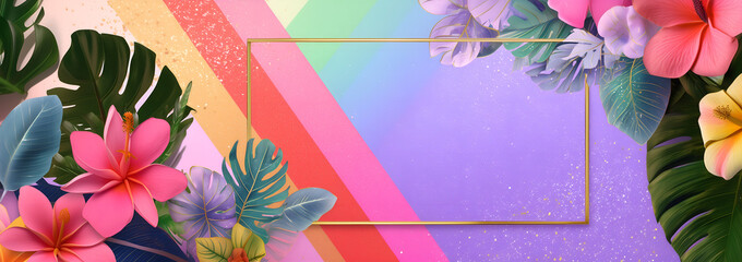 eye-catching tropical summer leaves and orchid flowers frame with rainbow colors corner and violet background