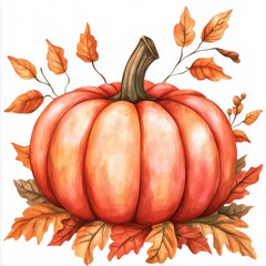 Watercolor Pumpkin with Autumn Leaves – Fall Harvest Illustration