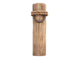 Isolated Wooden Post with Rope and Metal Ring on Transparent Background