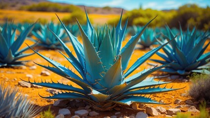 Agave plants in a desert landscape with vibrant colors and clear sky.
