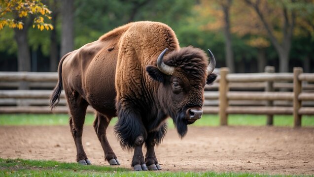 Bison in a fenced outdoor enclosure with trees and autumn foliage background.