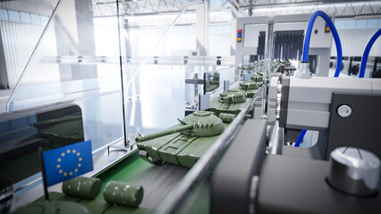 Miniature tanks on an assembly line symbolize the European Union’s industrial rearmament. A conceptual vision of automation and mass production in modern military manufacturing.