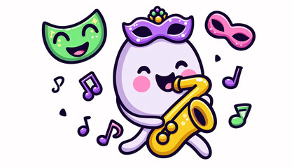 Playful saxophone mascot with purple and green music flowing from its bell, Mardi Gras sticker illustration