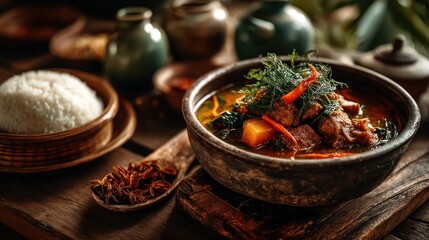 Fototapeta premium Authentic asian cuisine featuring flavorful curry and rice served in rustic bowls
