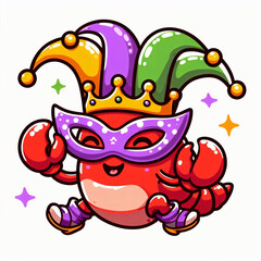 Obraz premium Smiling crawfish in party mask doing festive dance for Mardi Gras holiday, isolated cartoon vector