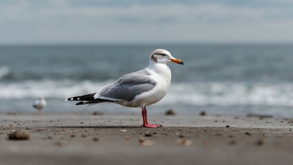 Obraz premium Seagull standing on the beach near the ocean shore. Coastal bird resting by the water. Seagull nature scene. Bird at the seaside by the beach.