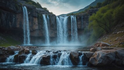 Naklejka premium Waterfalls flowing in a river with lush green trees on the side and mountains in the background. Nature scenery and outdoor landscape.