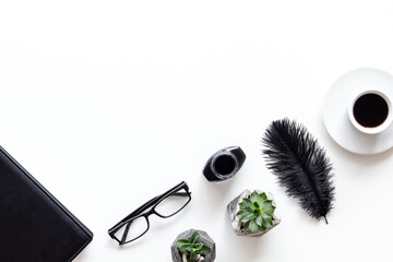 Fototapeta premium Writer or blogger working space desktop with items inkwell and pen