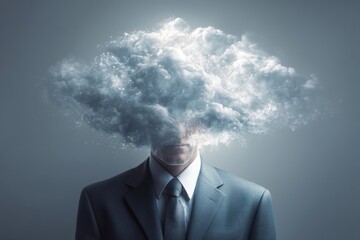 A man in a suit with a cloud obscuring his head, suggesting themes of confusion or imagination. The cloud is full and detailed, with soft edges blending into the scene