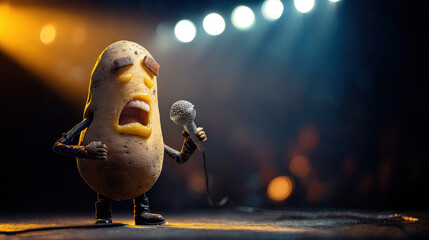 Animated potato character passionately singing into a microphone on stage under bright spotlights, arms raised and eyes closed, creating a humorous and energetic performance scene