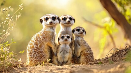 Four meerkats stand together in a sunny, natural setting