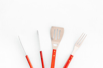 Steel barbecue and grill tools, top view. Equipment for picnic