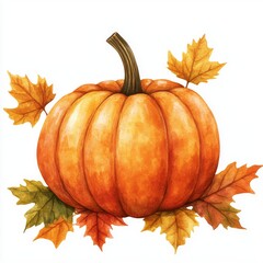Watercolor Pumpkin with Autumn Leaves – Fall Harvest Illustration